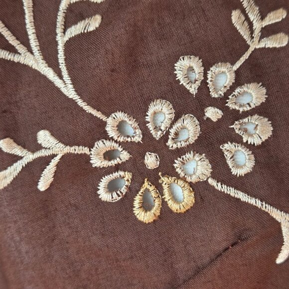 Vintage Chocolate Brown Embroidered Linen Shift Dress with Buttons & Tie Accent - Picture 5 of 13